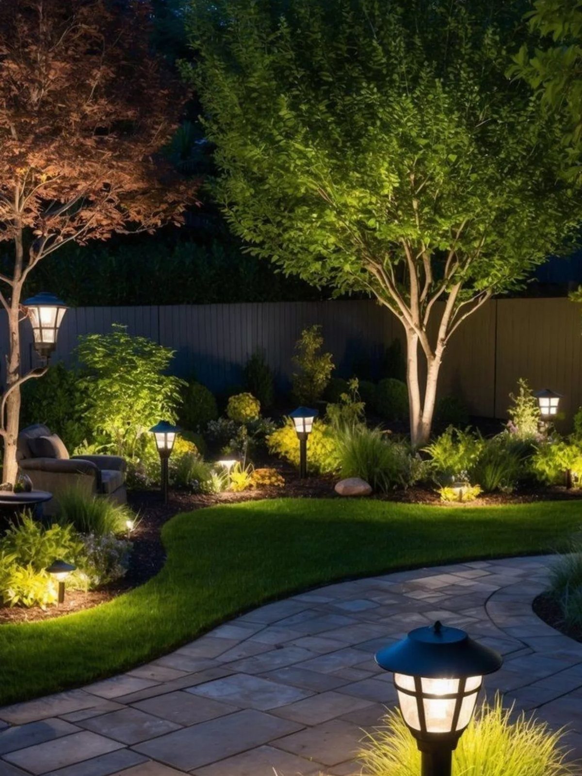 11 Backyard Ideas to Turn Your Outdoor Space Into a Place You Use 5 Garden lanterns illuminating a stone patio and lush green landscaping at night.