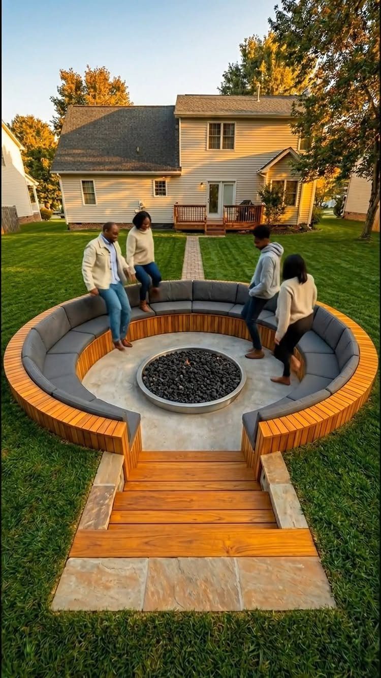 11 Backyard Ideas to Turn Your Outdoor Space Into a Place You Use 9 People sitting on a circular wooden bench around a fire pit in a backyard.