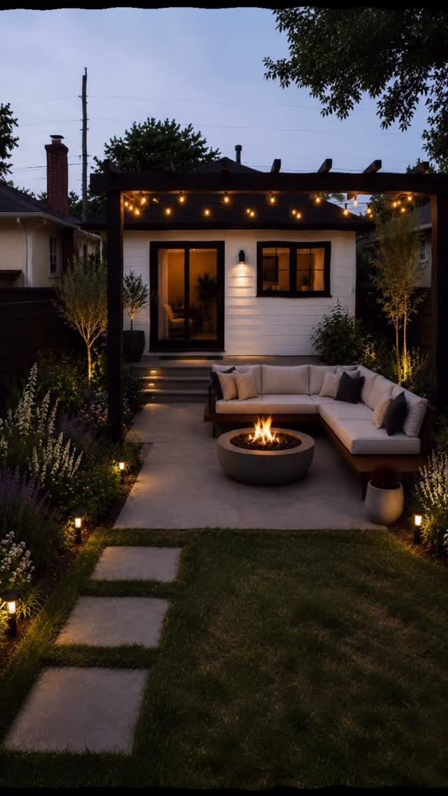 11 Backyard Ideas to Turn Your Outdoor Space Into a Place You Use 1 Modern backyard patio with L-shaped sofa, fire pit, and string lights under a pergola.