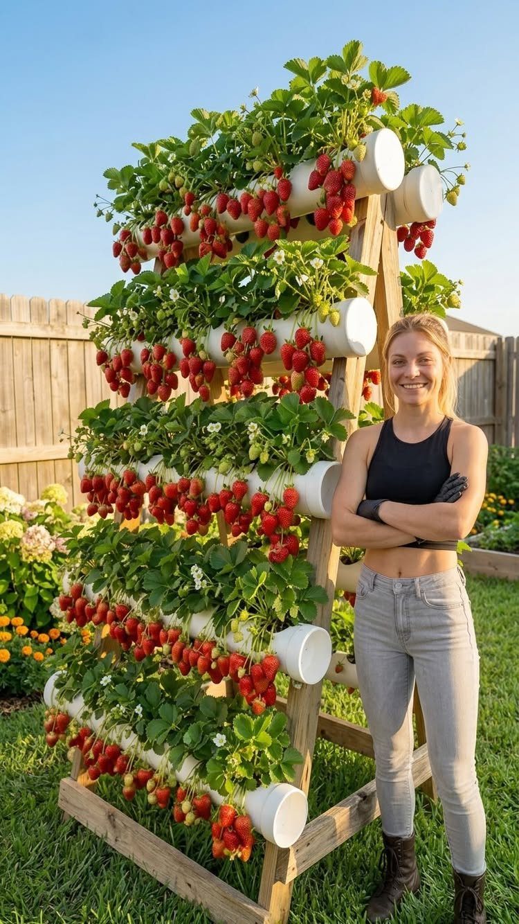 11 Backyard Ideas to Turn Your Outdoor Space Into a Place You Use 4 A woman standing beside a tall wooden vertical garden structure filled with ripe red strawberries.