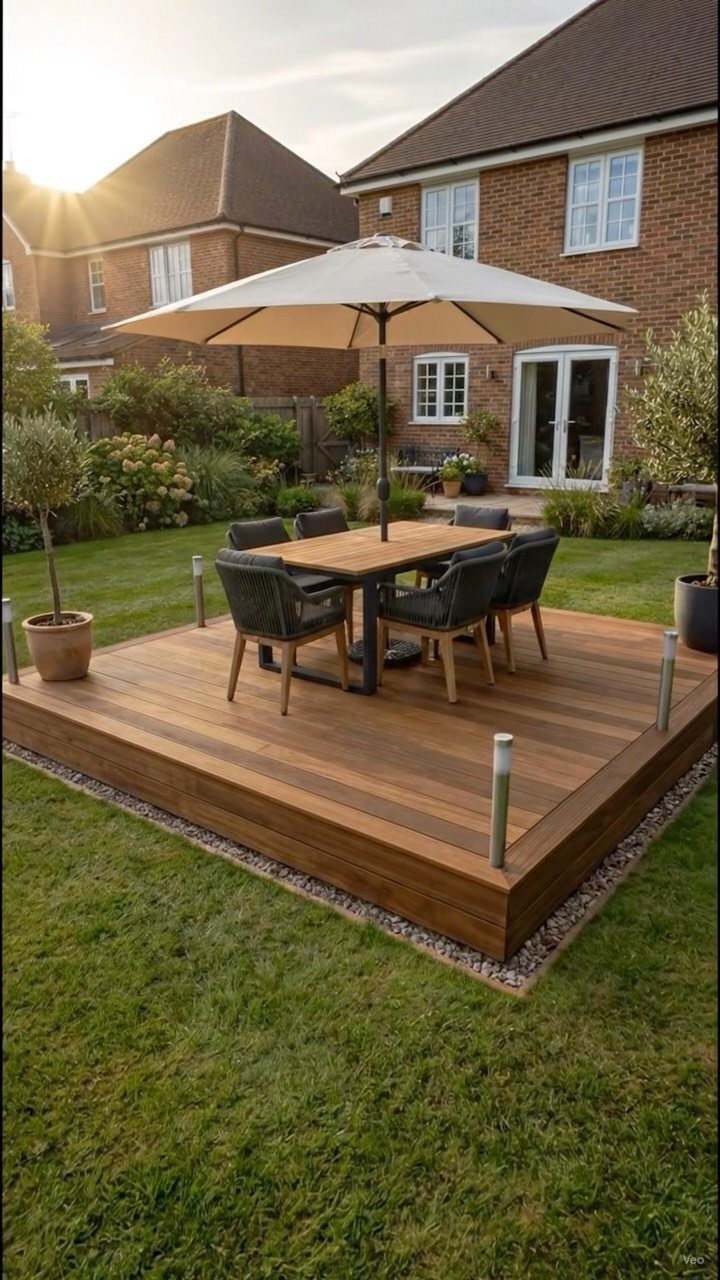 11 Backyard Ideas to Turn Your Outdoor Space Into a Place You Use 8 A wooden dining deck with an umbrella and chairs situated on a green lawn.