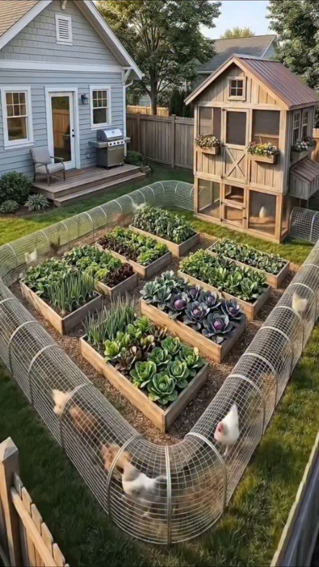 11 Backyard Ideas to Turn Your Outdoor Space Into a Place You Use 6 Wooden raised garden beds filled with leafy vegetables enclosed by a wire mesh fence in a backyard.