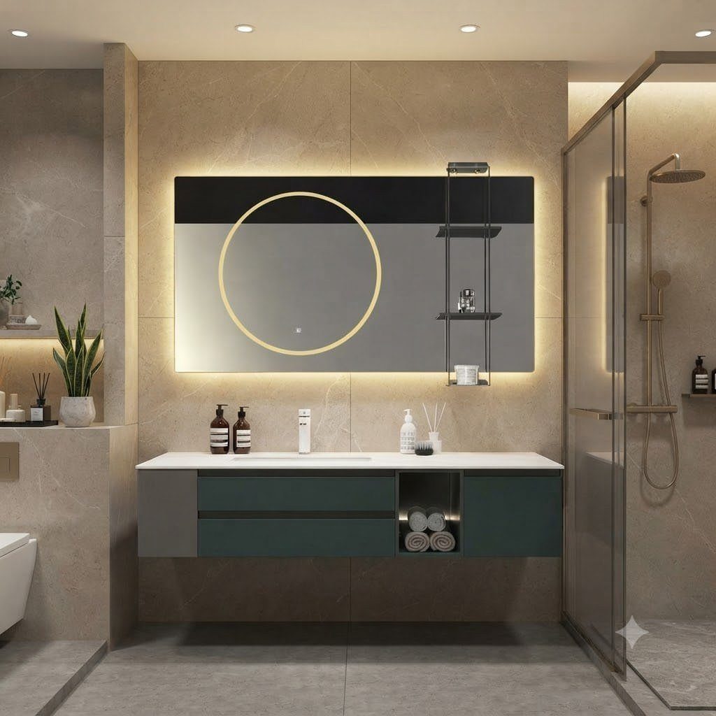 A large rectangular backlit mirror with a glowing circular center hangs above a modern bathroom vanity.