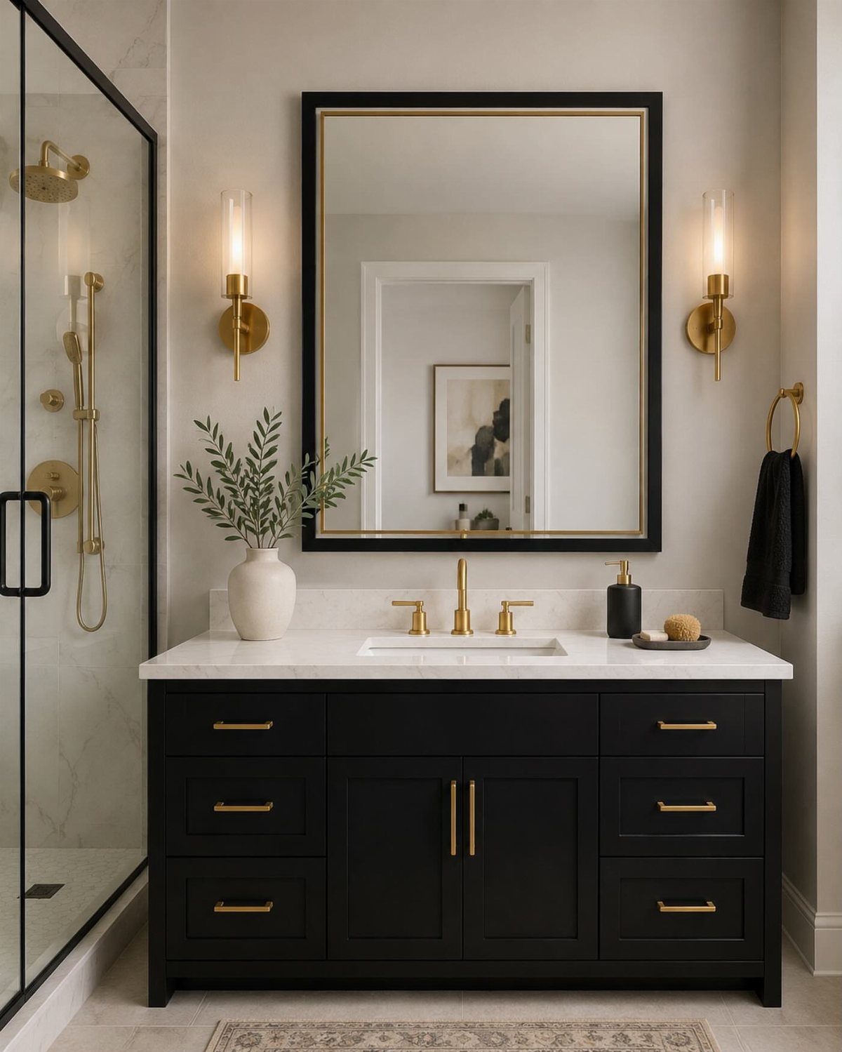 Black bathroom vanity with gold hardware under a large black and gold framed mirror.