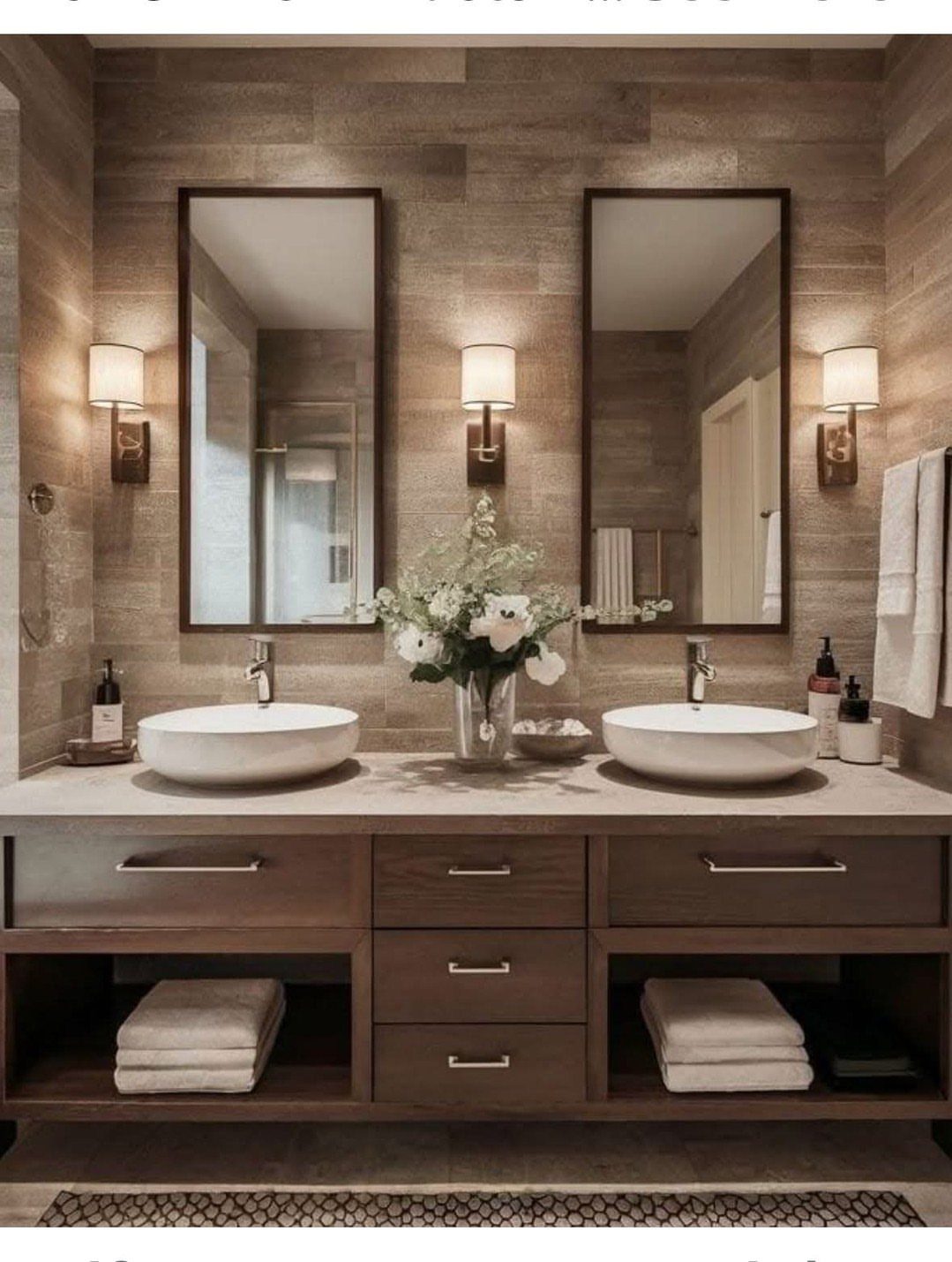 Two rectangular framed mirrors hanging above white vessel sinks on a wooden bathroom vanity.