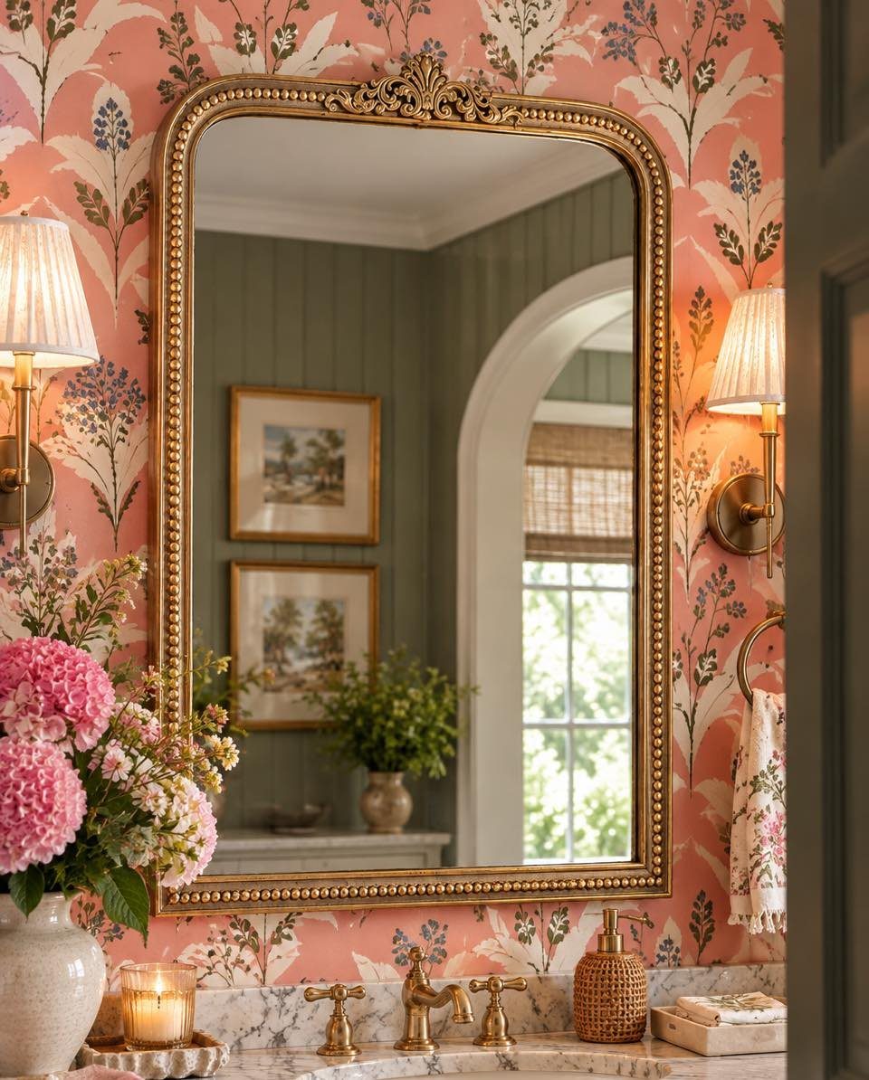 Ornate gold-framed mirror mounted on pink floral wallpaper above a marble bathroom vanity.