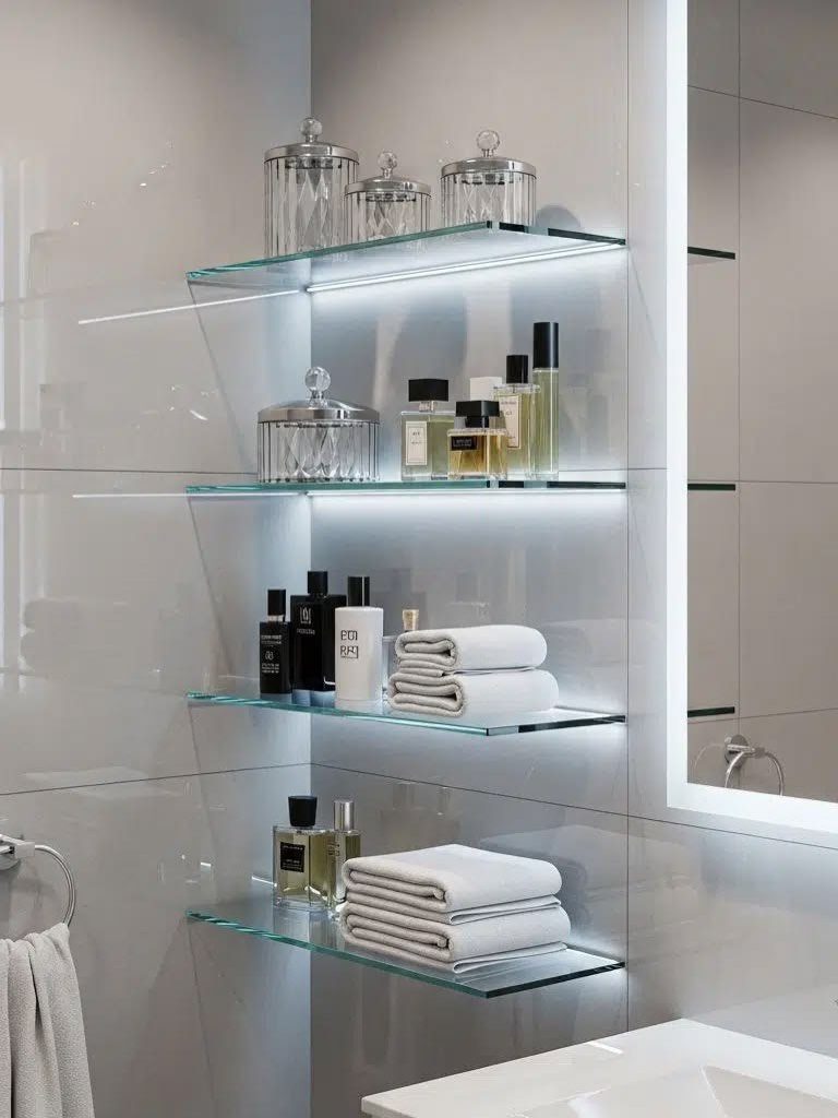 21 Bathroom Shelf Ideas That Make Tight Storage Work Harder 5 Clear glass floating shelves holding toiletries and white towels on a white tiled bathroom wall.