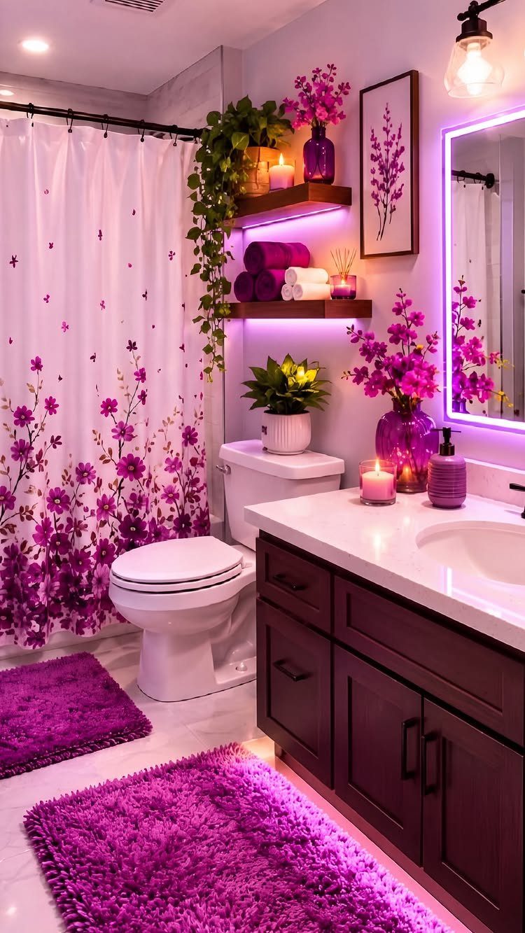 14 Bathroom Shower Ideas, From Rainfall Heads to Wet Rooms 10 A bathroom decorated with vibrant purple floral patterns, rugs, and accessories.