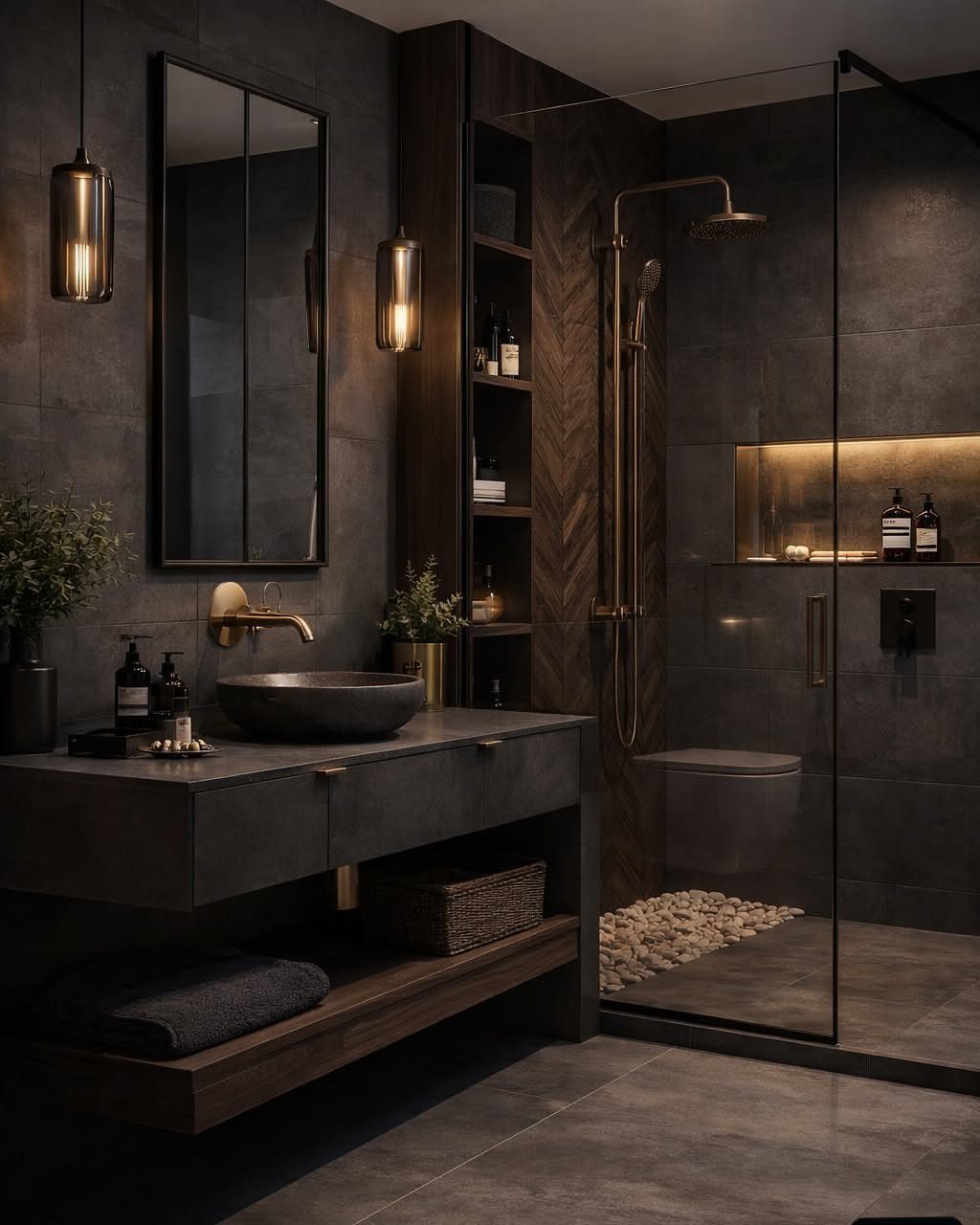 14 Bathroom Shower Ideas, From Rainfall Heads to Wet Rooms 12 Dark modern bathroom with a grey stone vanity, vessel sink, and a glass walk-in shower.