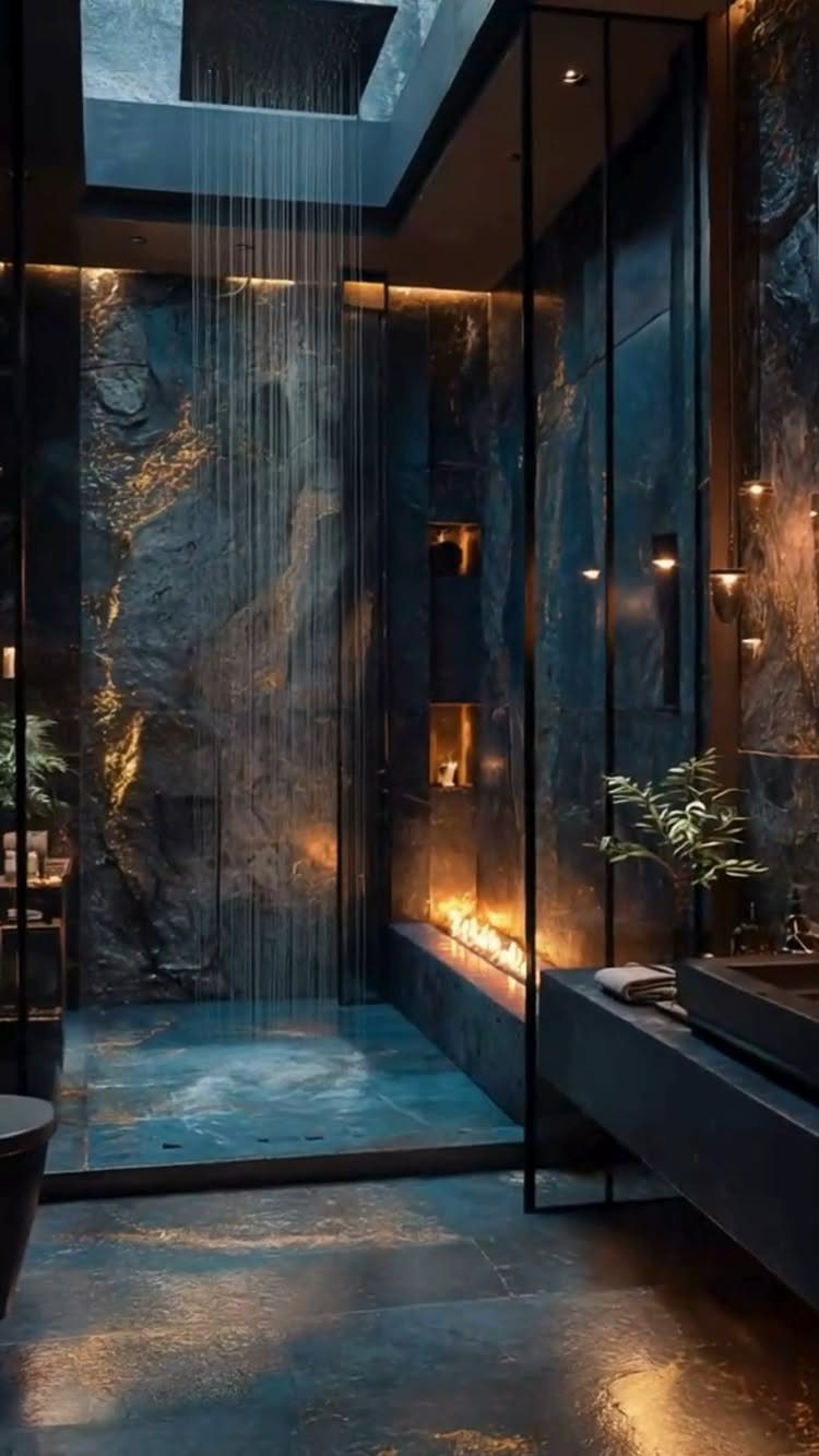 14 Bathroom Shower Ideas, From Rainfall Heads to Wet Rooms 13 Water falls in thin streams from a ceiling fixture into a dark stone shower.