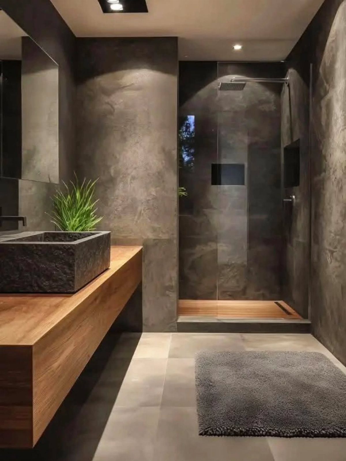 14 Bathroom Shower Ideas, From Rainfall Heads to Wet Rooms 1 Dark textured stone tiles cover the walls of a modern bathroom with a wooden vanity.