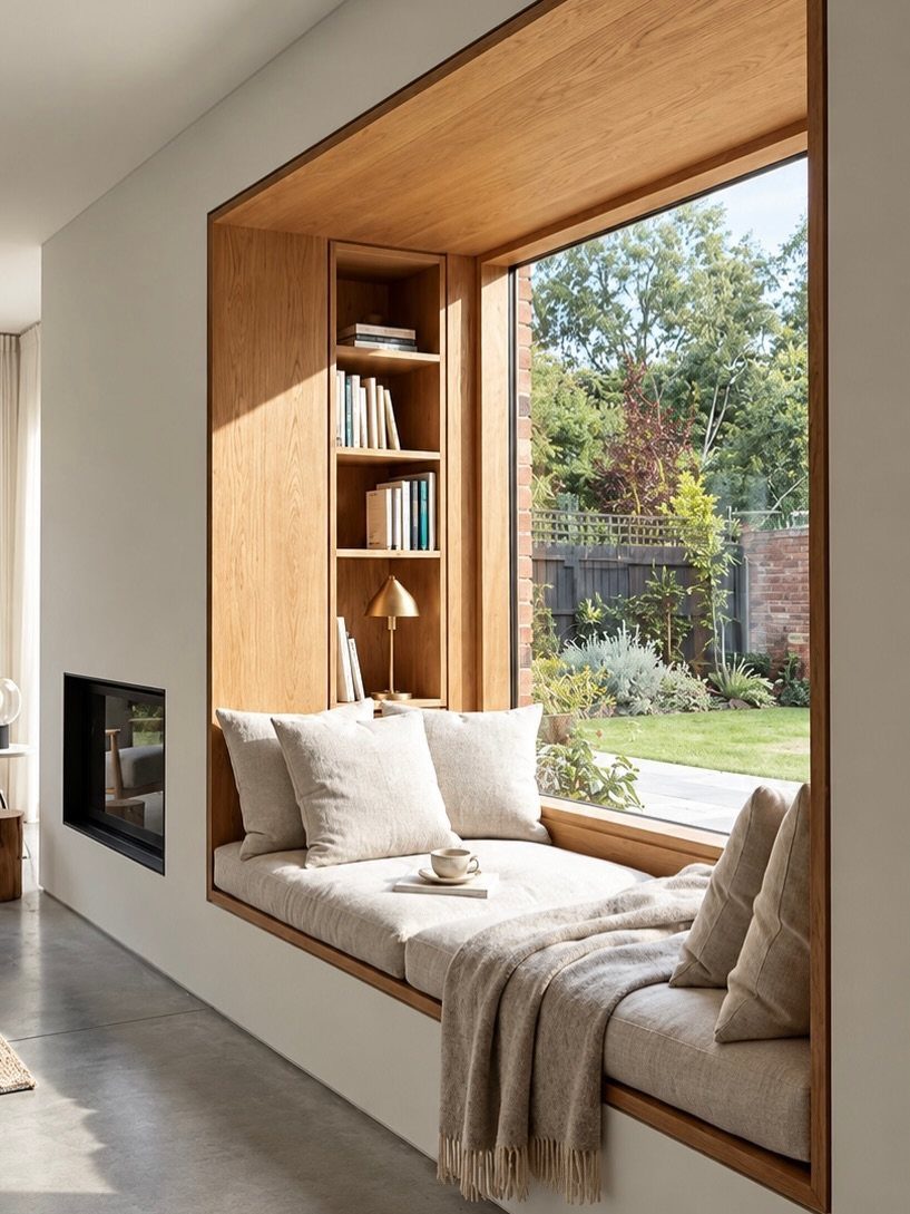 8 Bay Window Ideas for Seating, Dining, Curtains and More 2 A wooden built-in bay window seat with cushions, books, and a view of a garden.
