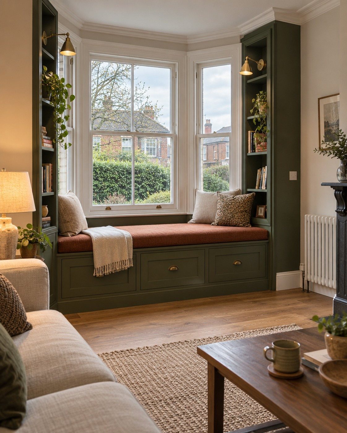 8 Bay Window Ideas for Seating, Dining, Curtains and More 1 Built-in bay window seat with green cabinetry, terracotta cushion, and pillows overlooking a garden view.