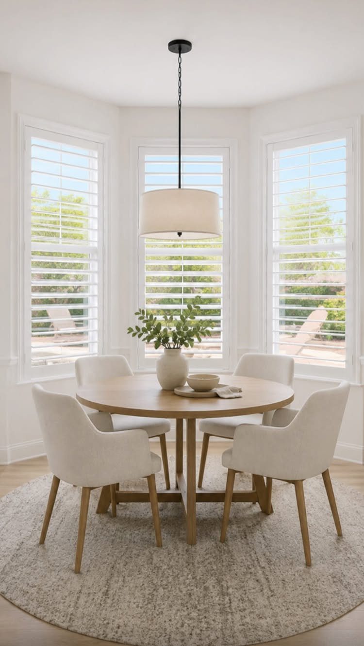 8 Bay Window Treatment Ideas That Balance Light and Privacy 7 White plantation shutters covering a large bay window behind a wooden dining table and chairs.