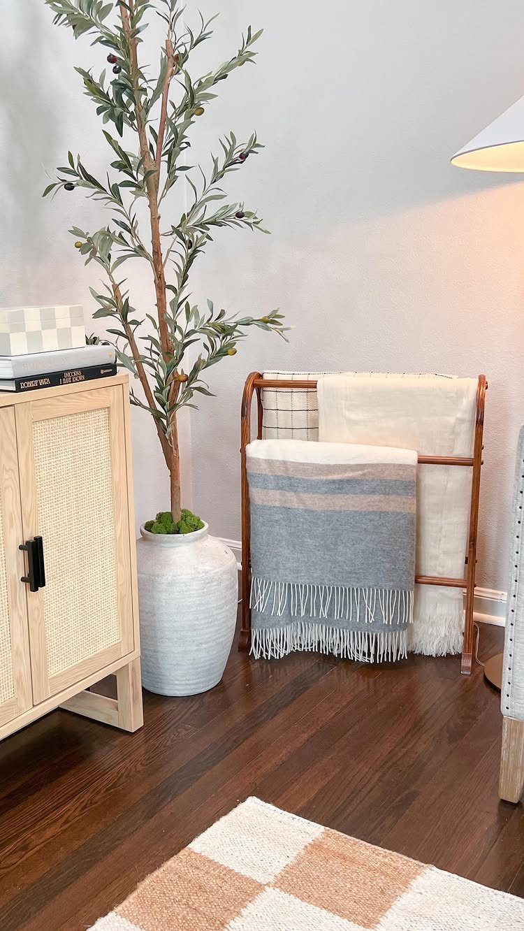 10 Blanket Storage Ideas for Small Spaces and Closets 4 Wooden quilt rack displaying two folded blankets in a bright living room setting.