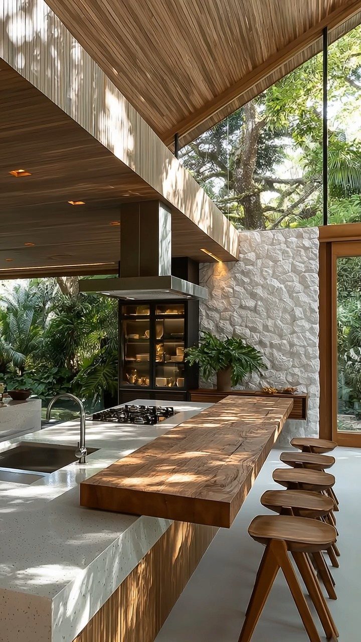 Modern kitchen island with a wooden breakfast bar and several wooden stools overlooking a lush green garden.