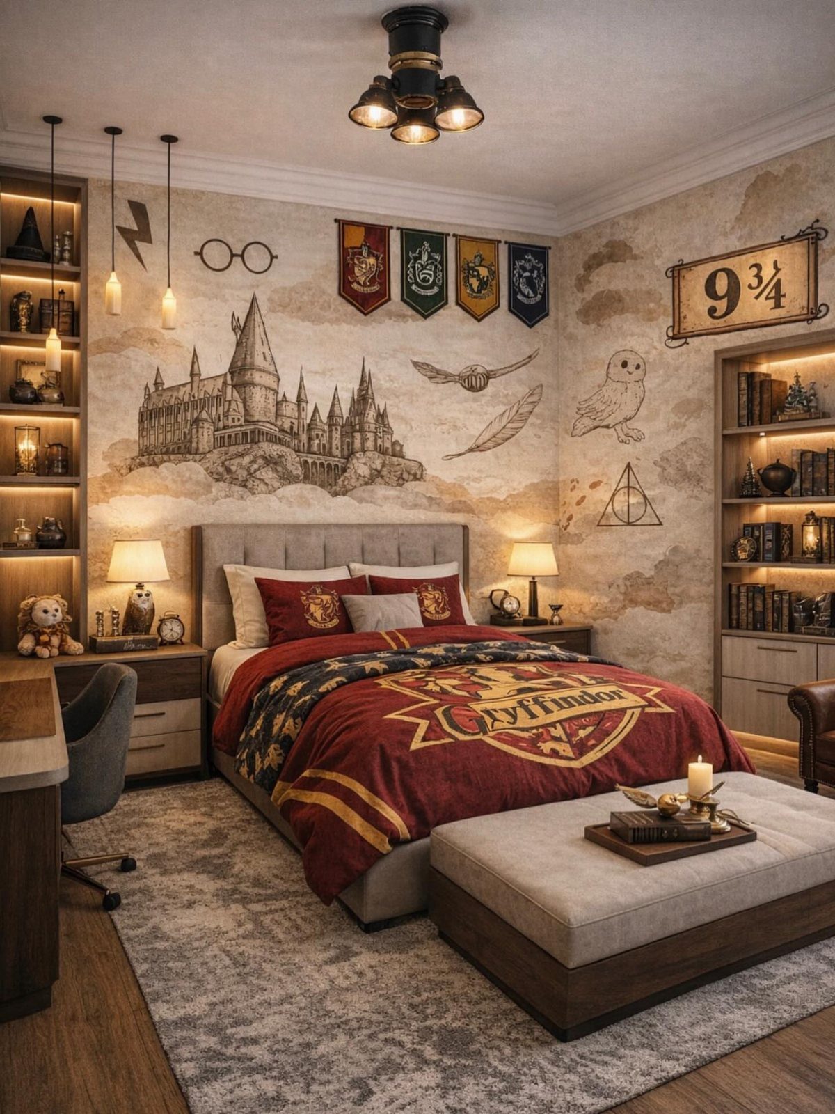 Harry Potter themed bedroom with Gryffindor bedding, Hogwarts wall art, and magical decor items.