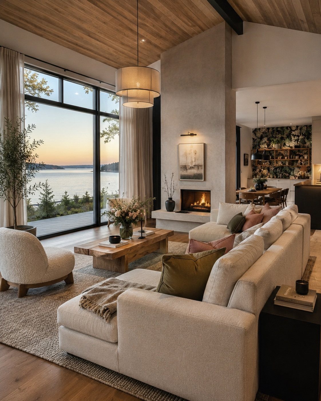 Modern living room with neutral furniture overlooking a serene lake at sunset through large windows.