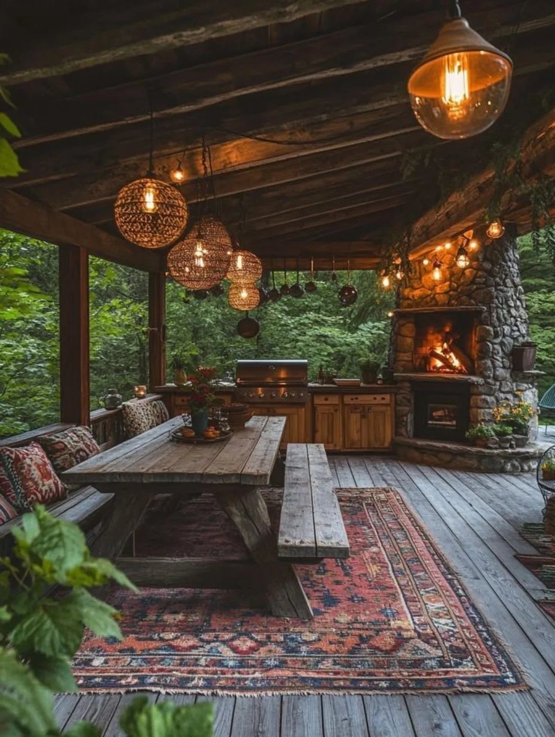 Rustic wooden porch with a dining table, stone fireplace, and hanging lights overlooking a forest.