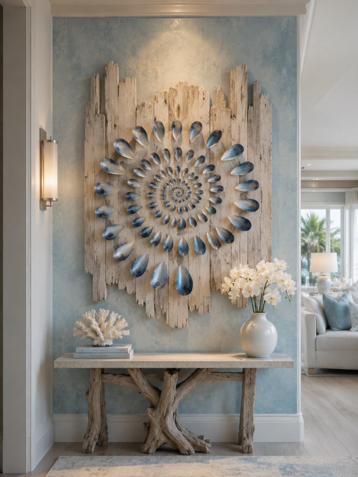 Blue shell wall art on weathered wood above a driftwood console table.