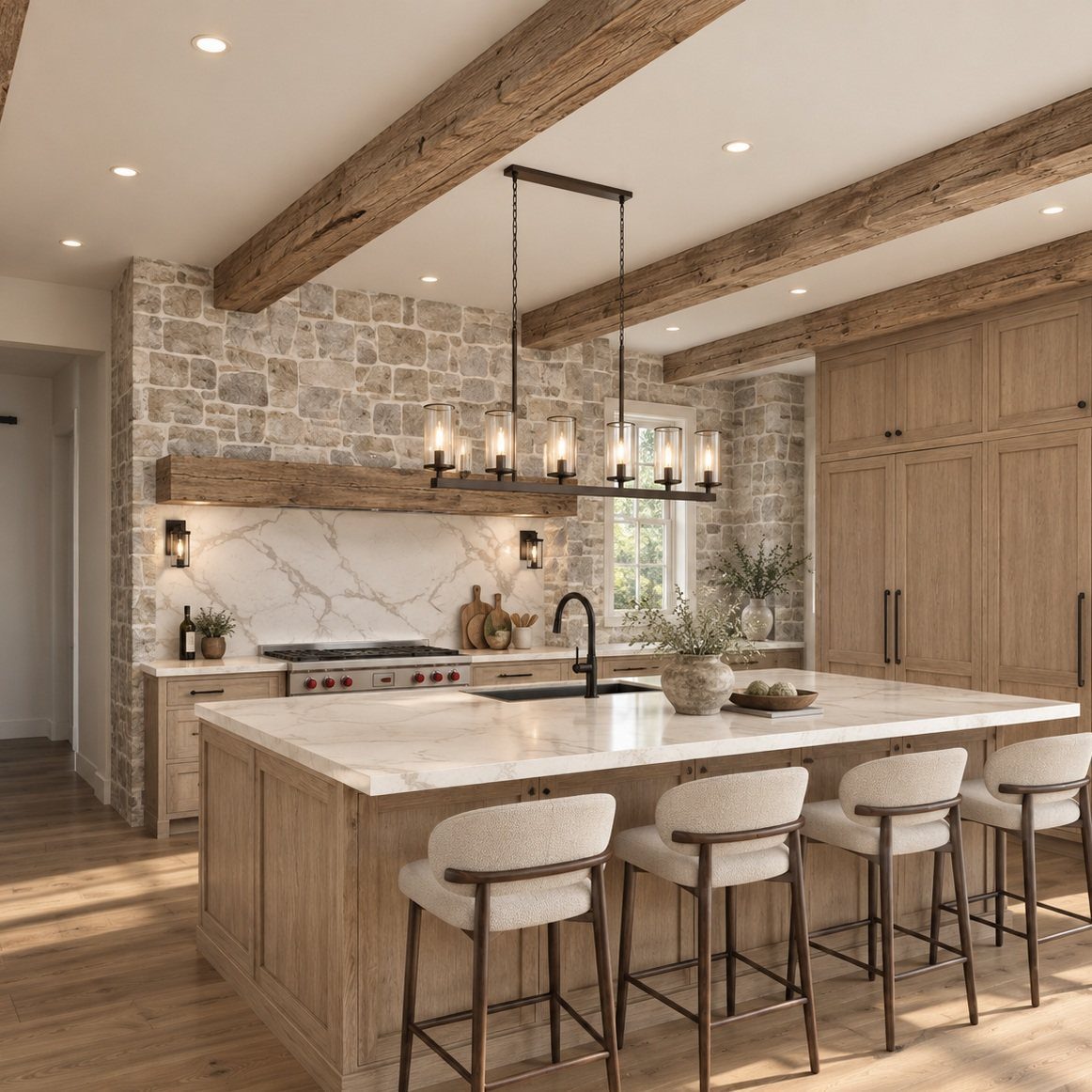 Modern kitchen with marble island, contemporary bar stools, rustic wooden beams, and a stone accent wall.