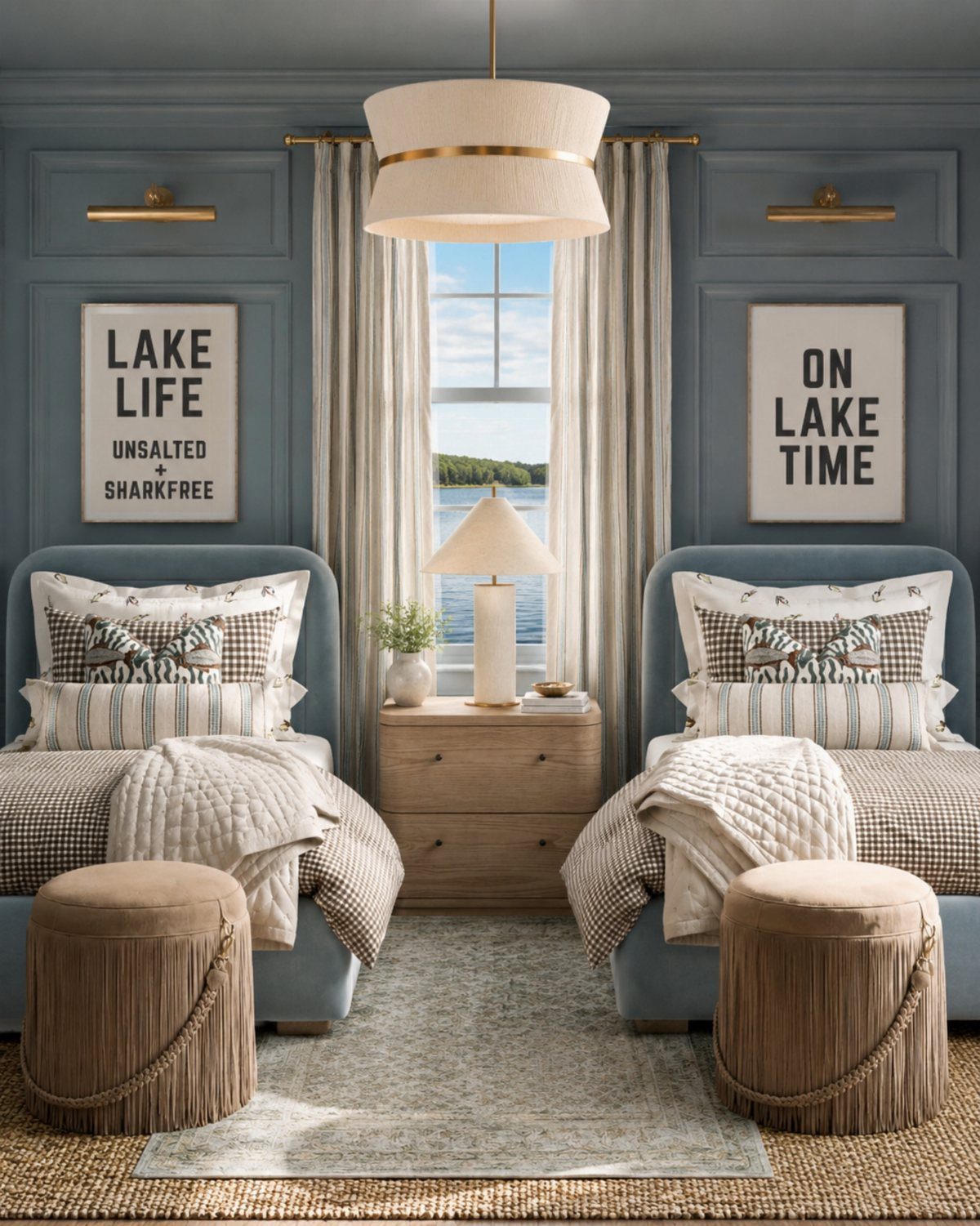 Two twin beds with blue headboards and neutral bedding arranged in a lakefront bedroom.