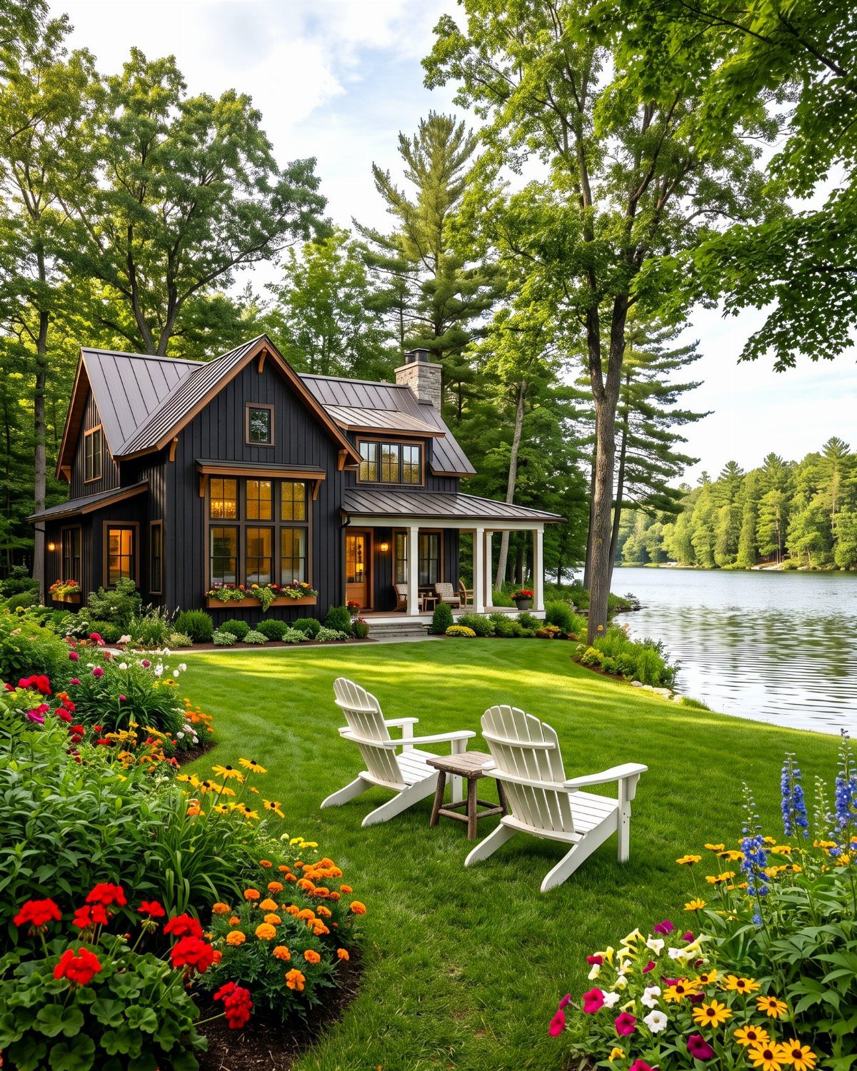 White Adirondack chairs sit on a green lawn facing a lake house and water.