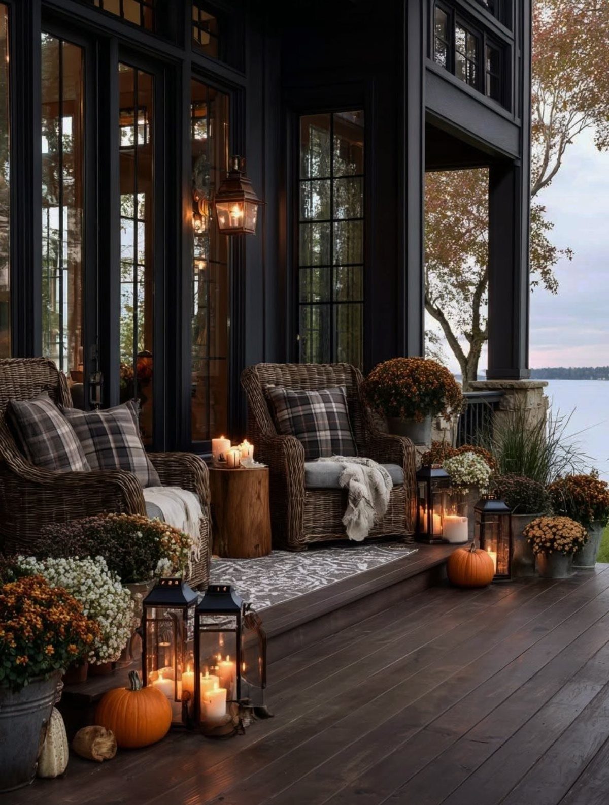 Wicker chairs with plaid pillows sit on a porch decorated with pumpkins and lanterns.