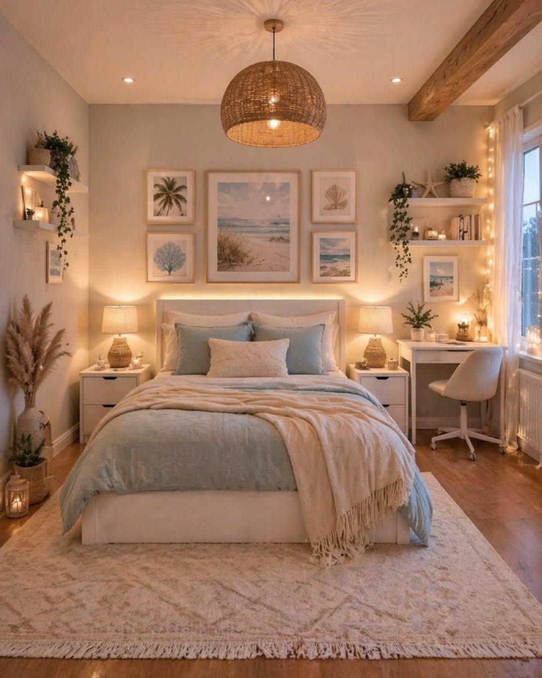 Bed with light blue bedding and beach themed wall art in a cozy bedroom.