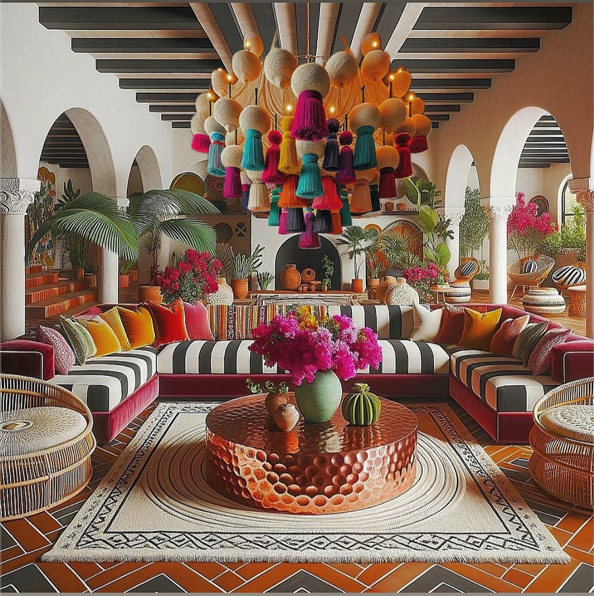 14 Mexican Decor Ideas for Every Room 1 A colorful living room with a striped sofa, copper table, and large tassel chandelier.