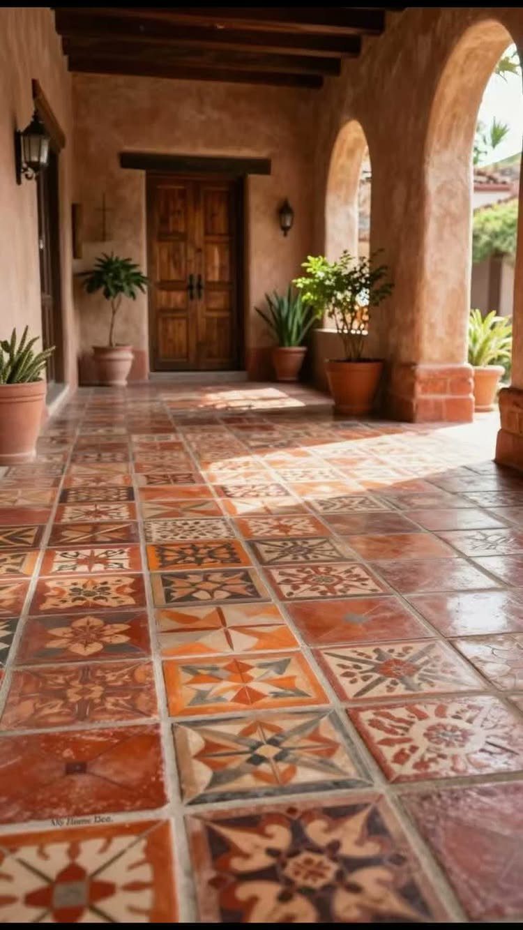 14 Mexican Decor Ideas for Every Room 12 Patterned terracotta tiles cover the floor of a sunlit outdoor patio with arched walkways.