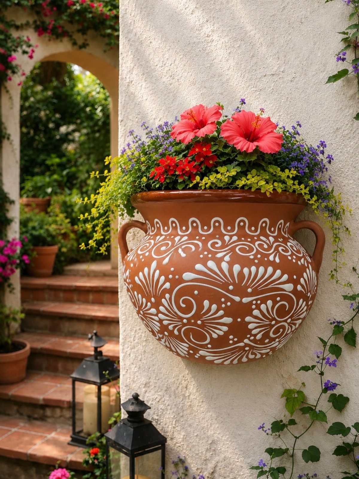 14 Mexican Decor Ideas for Every Room 3 A large terracotta Talavera pottery planter with white patterns filled with pink hibiscus flowers on a wall.
