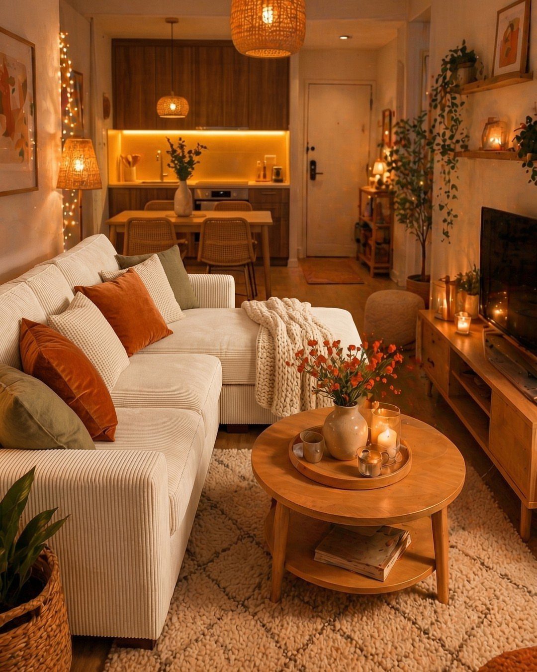 A cozy living room with a white sofa, wooden coffee table, and warm ambient lighting.