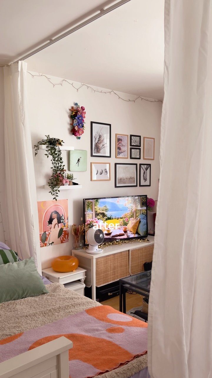 A bohemian bedroom corner with a gallery wall, string lights, and patterned bedding.