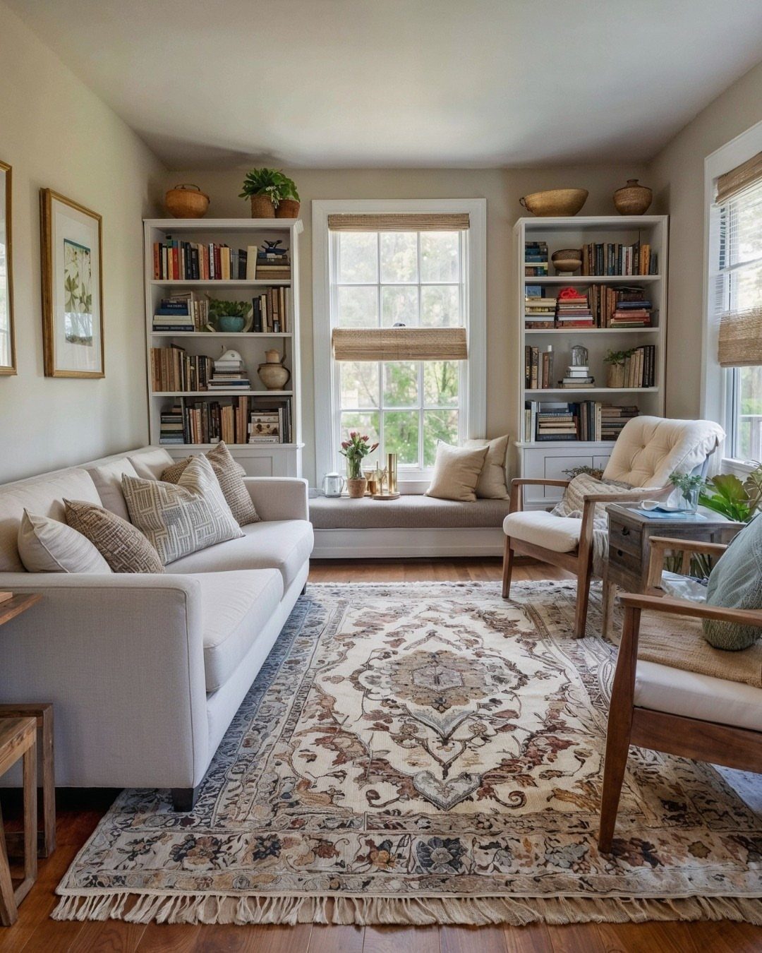 A cozy small living room with a cream sofa, patterned rug, and bookshelves surrounding a window.
