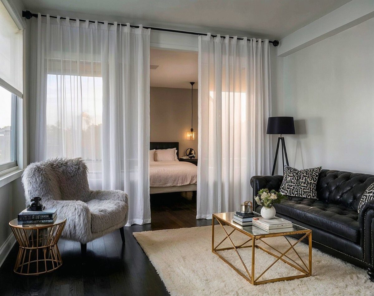 White sheer curtains hanging from a high black rod, separating a living room from a bedroom.