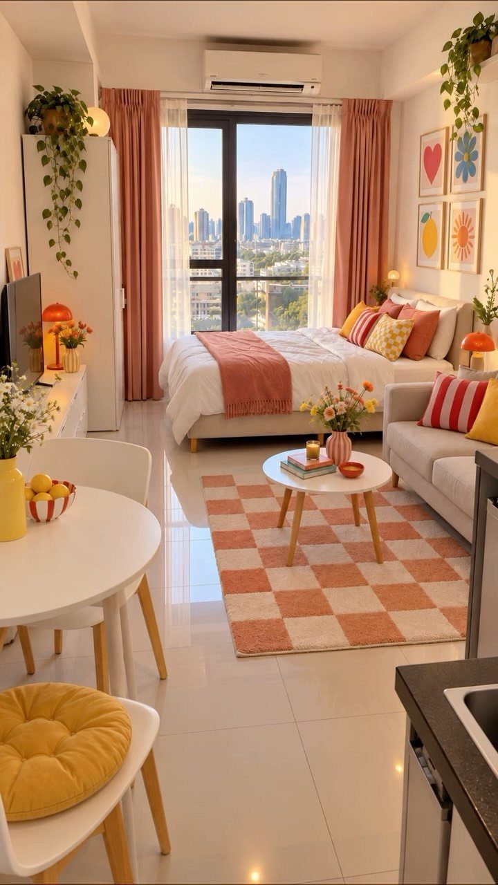 A bright studio apartment with colorful pillows, a checkered rug, and green plants throughout.