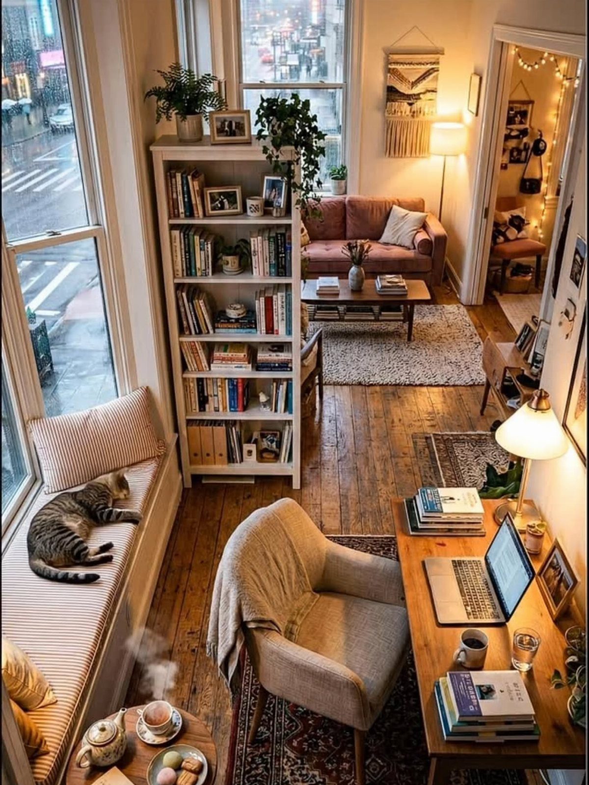 A cozy apartment interior with a tall white bookshelf separating the living area from a workspace.