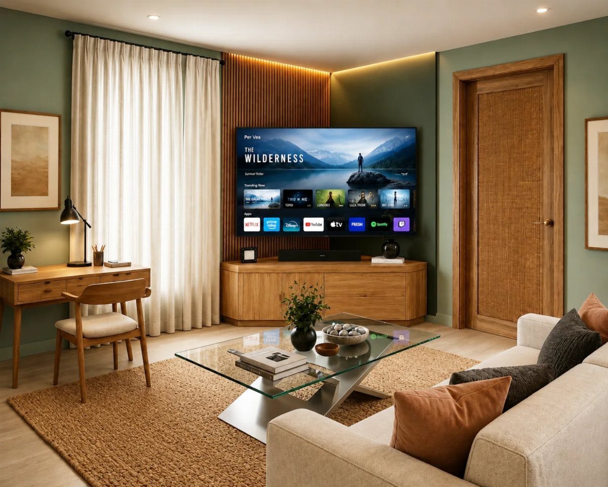 A modern living room with a television on a wooden stand against a slatted wood accent wall.