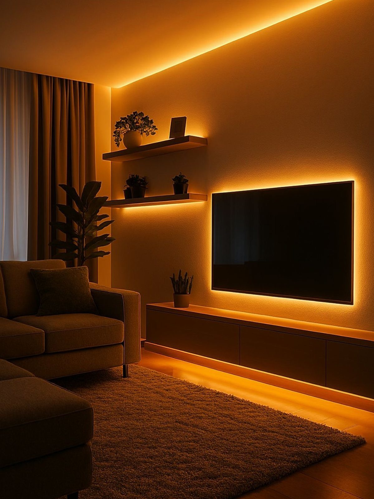 A television mounted on a wall with warm orange ambient lighting behind it and under the console.
