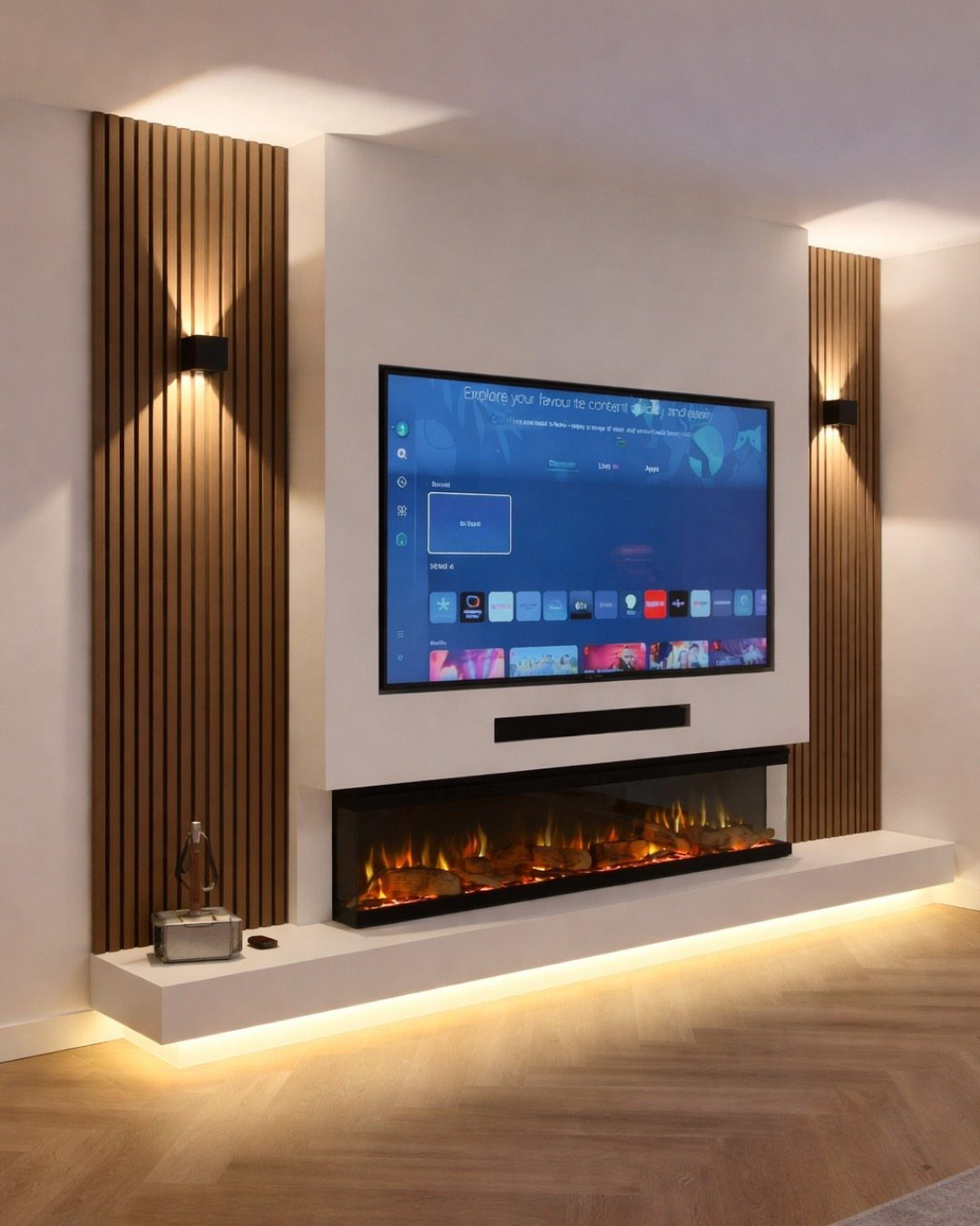 Modern media wall with a large television mounted above a long linear electric fireplace.