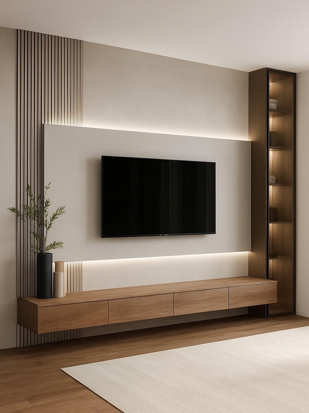 Television mounted inside a large illuminated wall recess above a floating wooden media console.