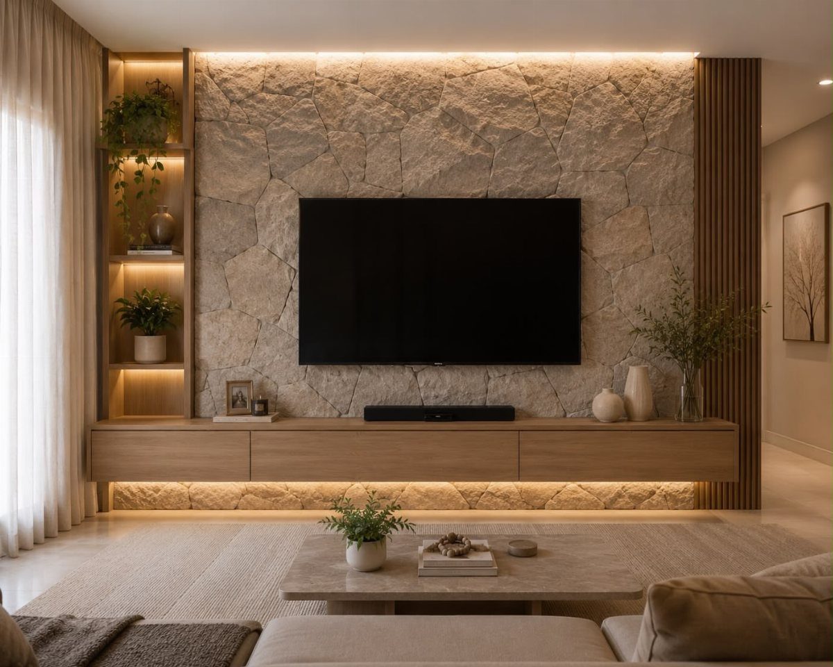 A black television mounted on a textured light beige stone accent wall with warm LED lighting.