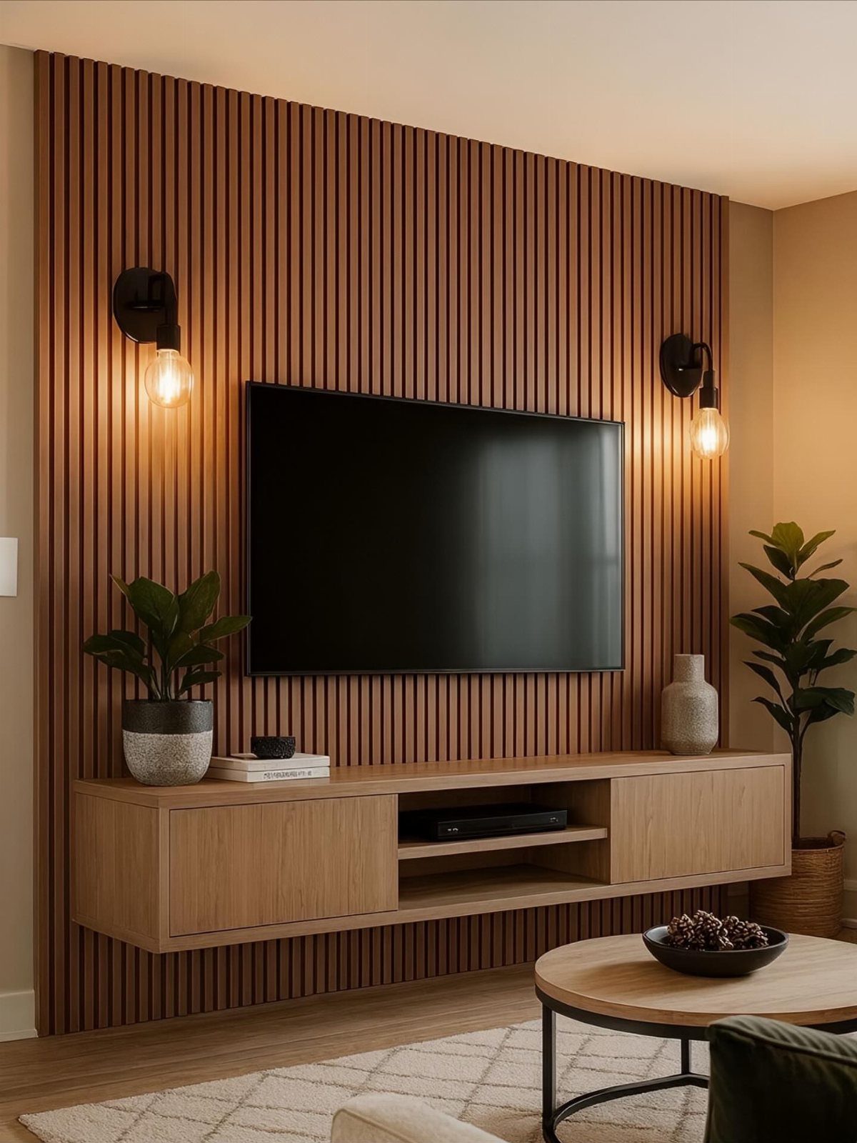 A television mounted on a brown vertical wood slat accent wall with floating console.
